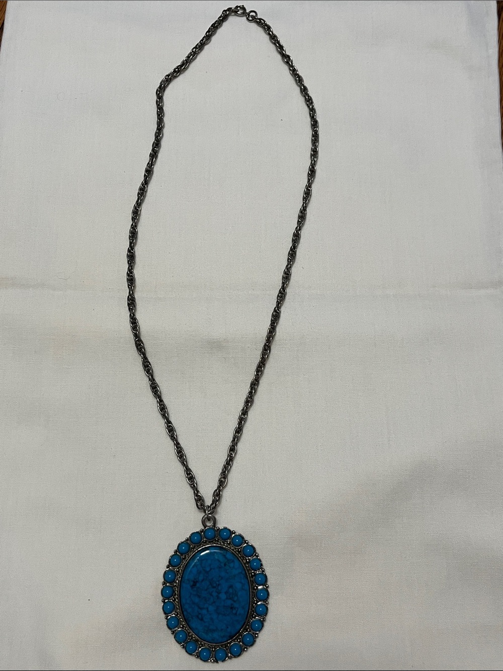 Oval Turquoise Pendant Necklace with Silver-Tone Chain
